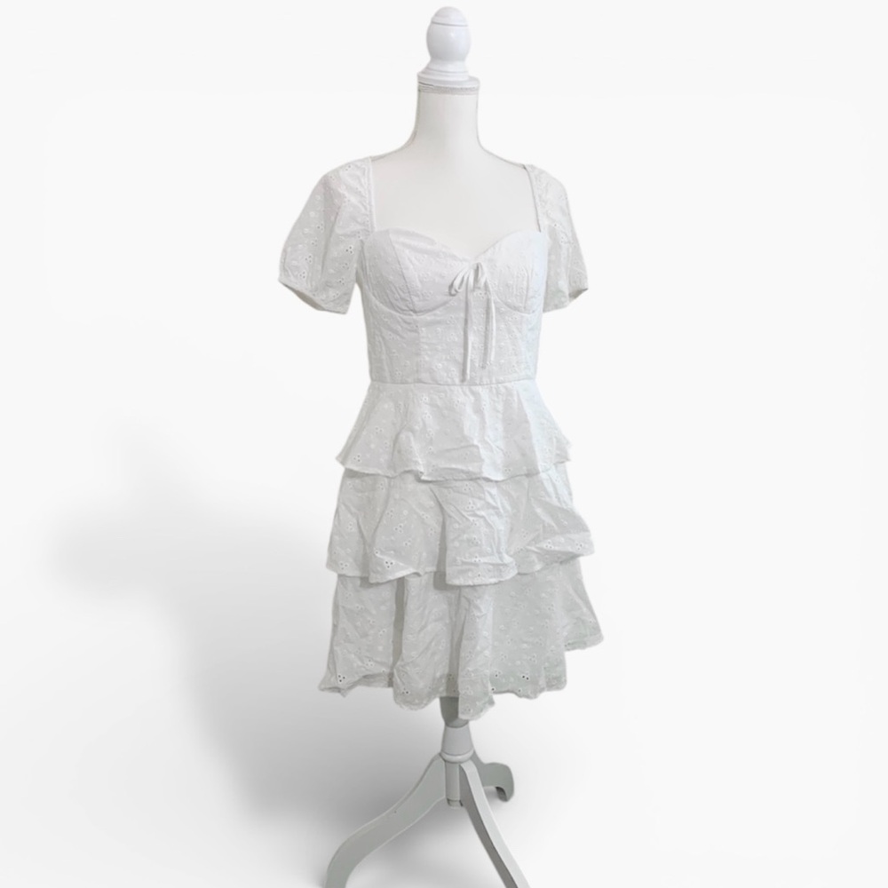 I.N. San Francisco Ivory White Mini Dress Puff Sleeve Ruffled Embroidered Medium